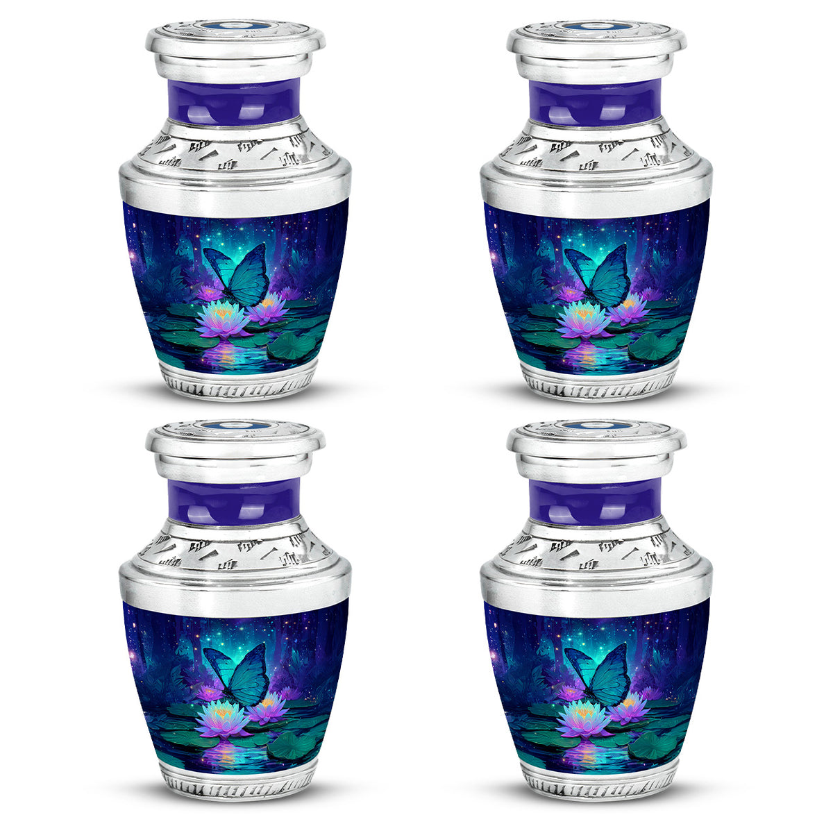 Slate Blue Butterfly Cremation Urn back view with polished surface - modern art-inspired butterfly motif on sleek aluminum - 10 inch aluminum urn for cremated remains