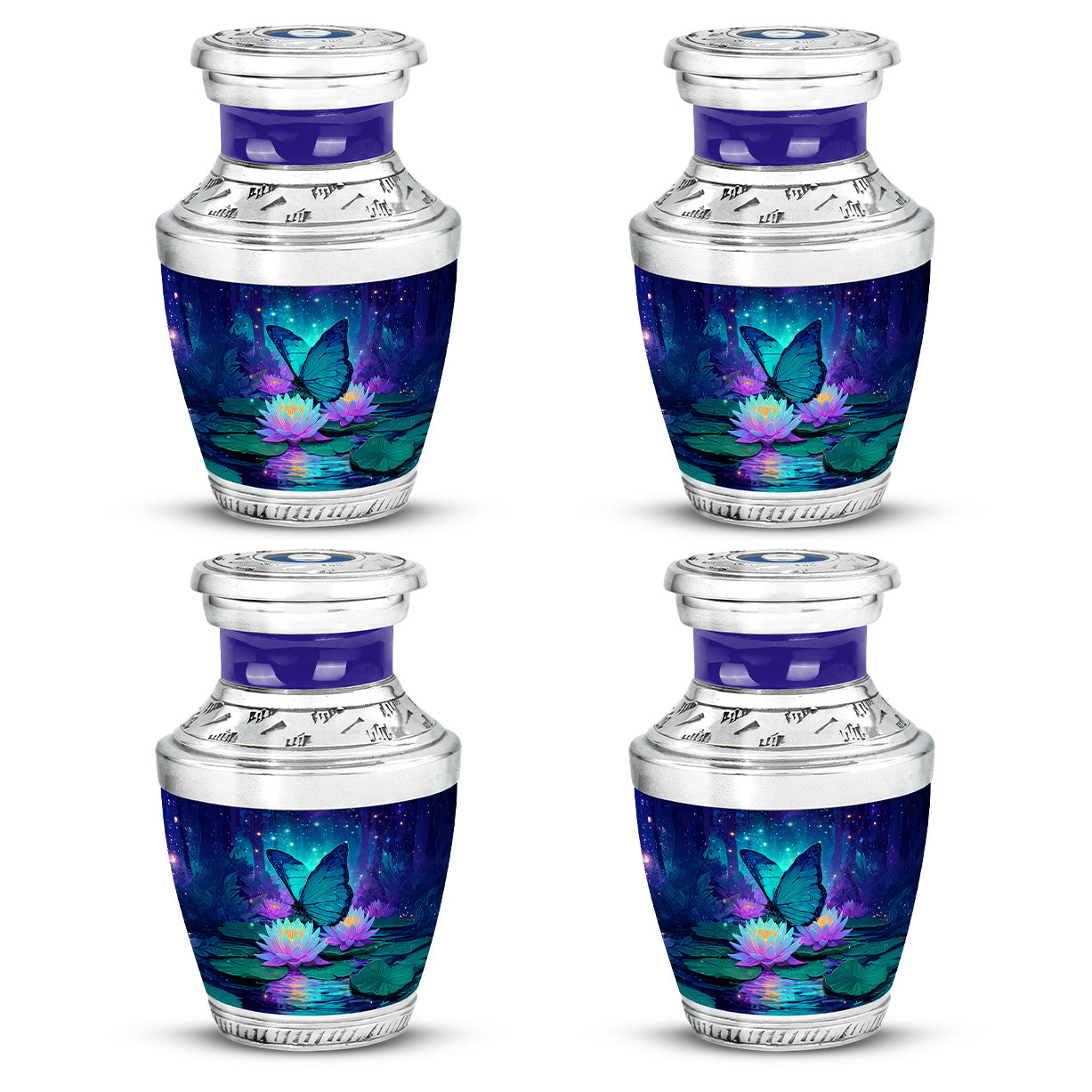 Slate Blue Butterfly Cremation Urn back view with polished surface - modern art-inspired butterfly motif on sleek aluminum - 10 inch aluminum urn for cremated remains
