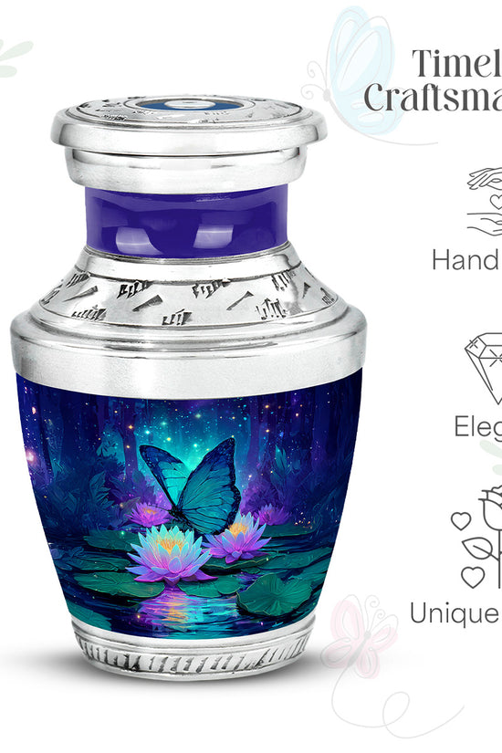 Calming Blue Butterfly Cremation Urn top-down view of secure threaded lid - artistic butterfly interpretation with creative detail - mini keepsake memorial for portion of cremation ashes