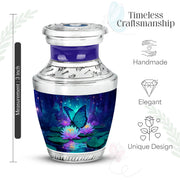 Calming Blue Butterfly Cremation Urn top-down view of secure threaded lid - artistic butterfly interpretation with creative detail - mini keepsake memorial for portion of cremation ashes