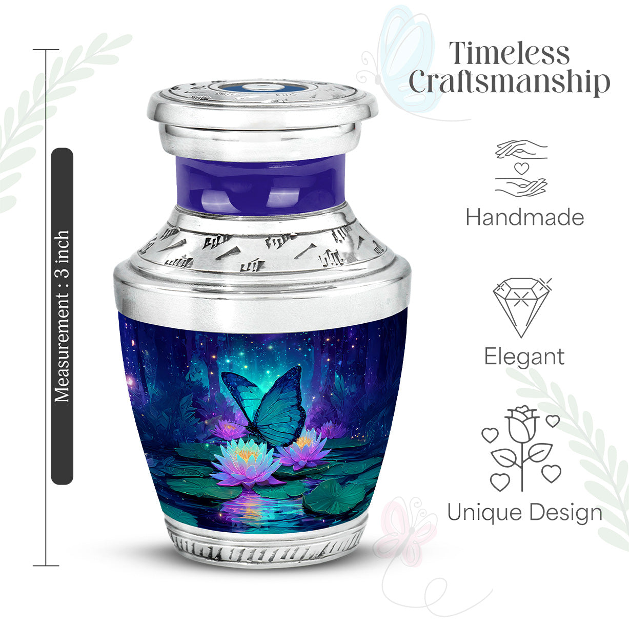 Calming Blue Butterfly Cremation Urn top-down view of secure threaded lid - artistic butterfly interpretation with creative detail - mini keepsake memorial for portion of cremation ashes