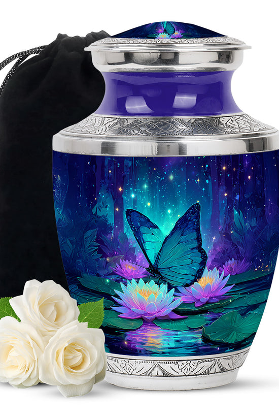Navy Blue Butterfly Cremation Urn side profile showing urn shape - contemporary butterfly design with modern artistic flair - full-size 10 inch 200 cubic inch adult cremation urn