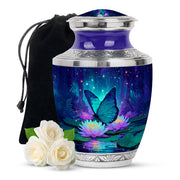 Navy Blue Butterfly Cremation Urn side profile showing urn shape - contemporary butterfly design with modern artistic flair - full-size 10 inch 200 cubic inch adult cremation urn