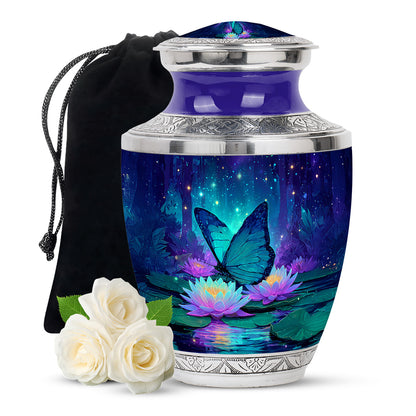 Navy Blue Butterfly Cremation Urn side profile showing urn shape - contemporary butterfly design with modern artistic flair - full-size 10 inch 200 cubic inch adult cremation urn