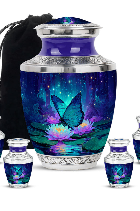 Sapphire Blue Butterfly Cremation Urn lifestyle display on memorial shelf - stylized abstract butterfly pattern with bold lines - memorial set with one large and four small urns