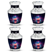 Soft Blue Butterfly Cremation Urn back view with polished surface - stylized abstract butterfly pattern with bold lines - 10 inch aluminum urn for cremated remains