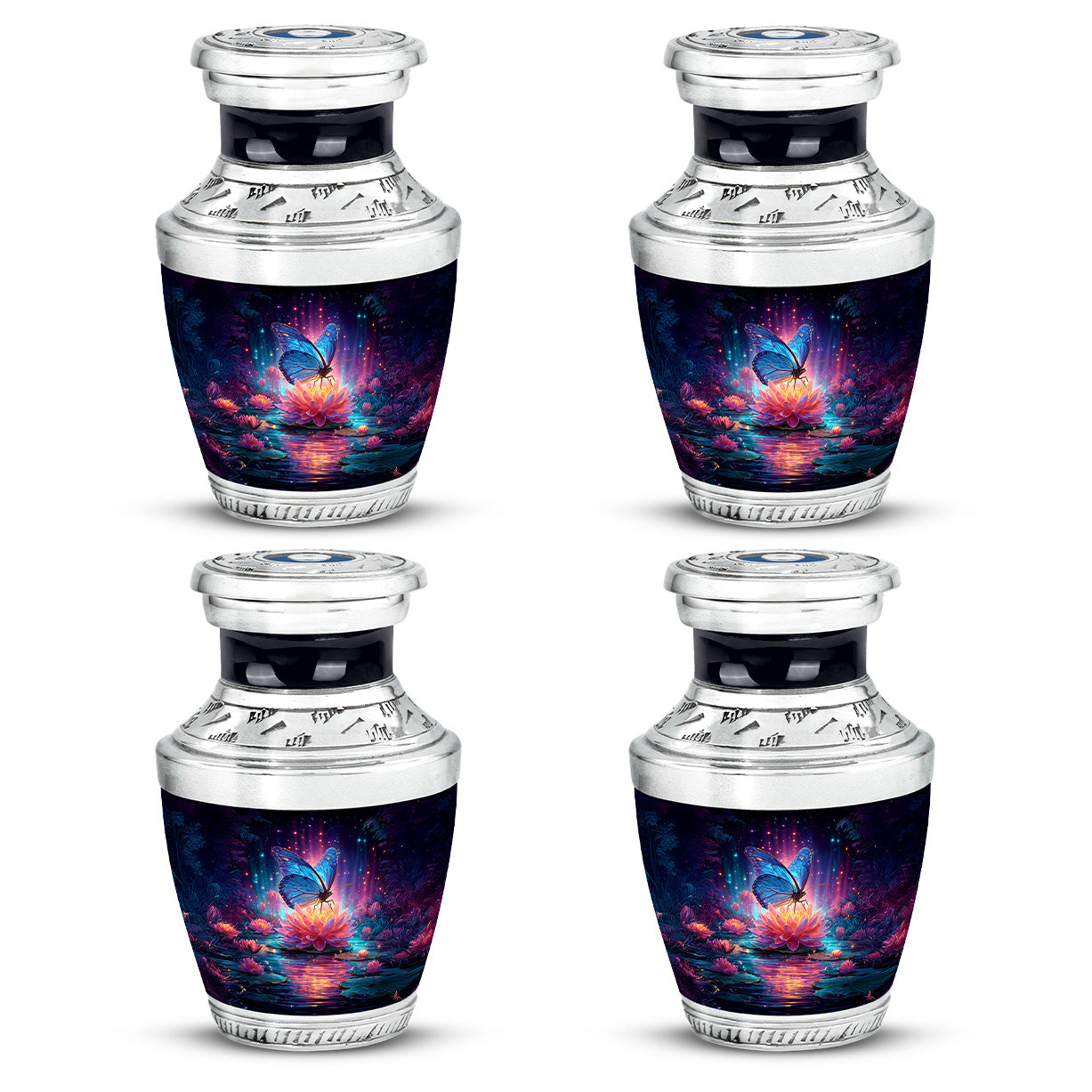 Soft Blue Butterfly Cremation Urn back view with polished surface - stylized abstract butterfly pattern with bold lines - 10 inch aluminum urn for cremated remains