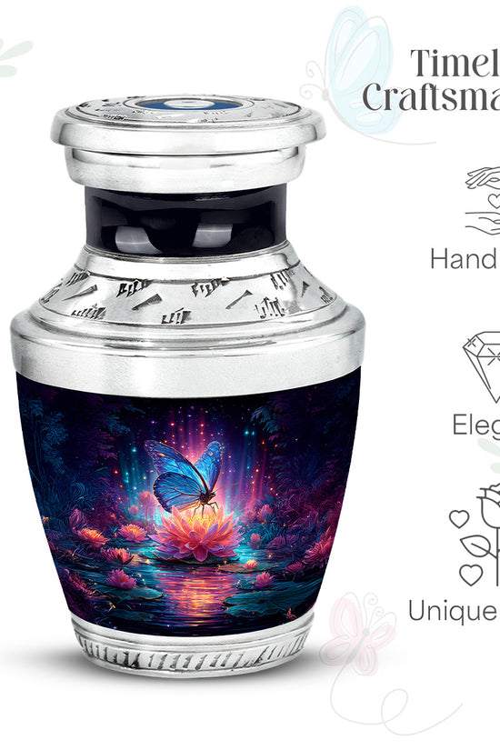 Calming Blue Butterfly Cremation Urn top-down view of secure threaded lid - artistic butterfly interpretation with creative detail - mini keepsake memorial for portion of cremation ashes