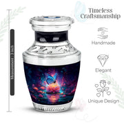 Calming Blue Butterfly Cremation Urn top-down view of secure threaded lid - artistic butterfly interpretation with creative detail - mini keepsake memorial for portion of cremation ashes