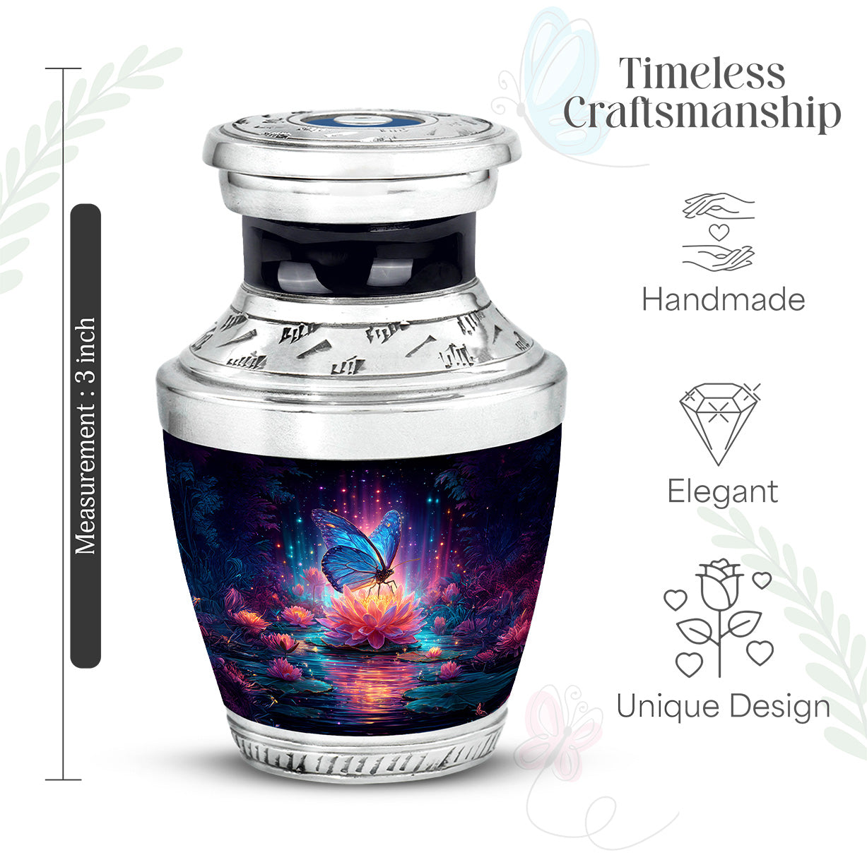Calming Blue Butterfly Cremation Urn top-down view of secure threaded lid - artistic butterfly interpretation with creative detail - mini keepsake memorial for portion of cremation ashes