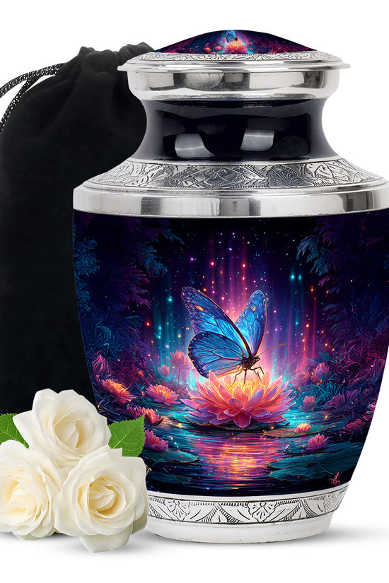 Cornflower Blue Butterfly Cremation Urn side profile showing urn shape - artistic butterfly interpretation with creative detail - full-size 10 inch 200 cubic inch adult cremation urn