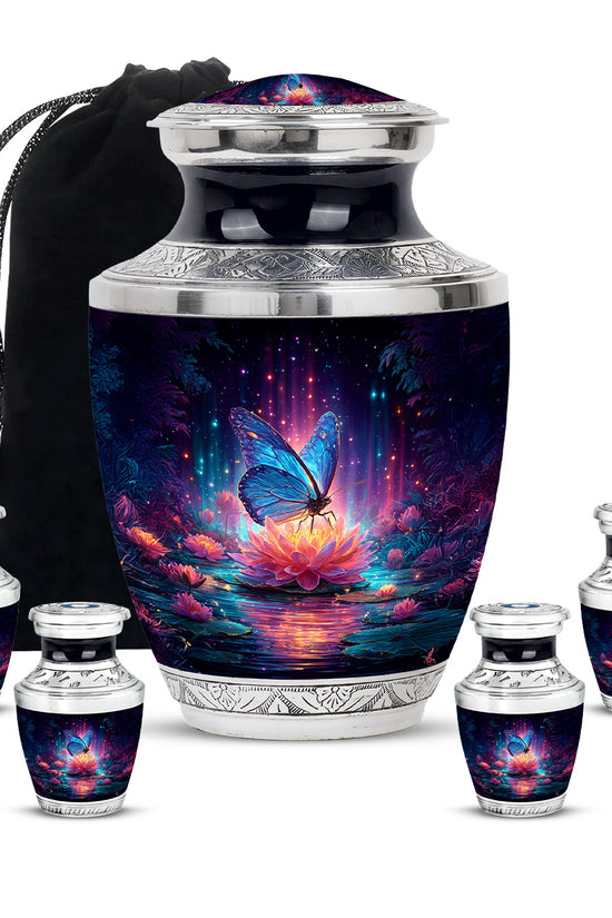 Twilight Blue Butterfly Cremation Urn lifestyle display on memorial shelf - stylized abstract butterfly pattern with bold lines - memorial set with one large and four small urns