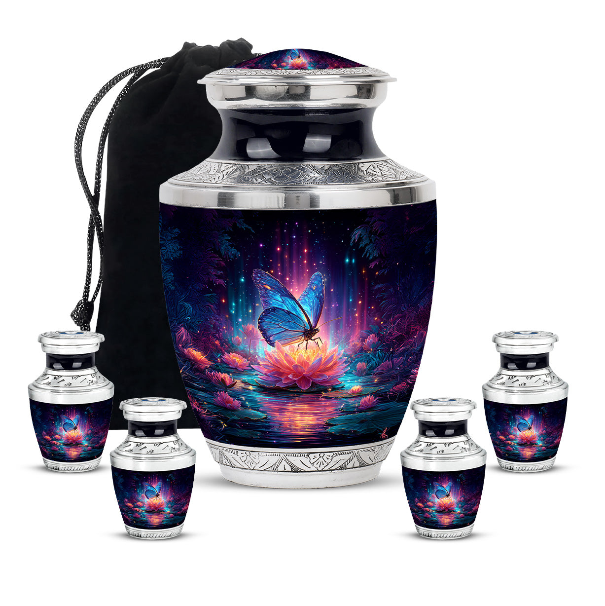 Twilight Blue Butterfly Cremation Urn lifestyle display on memorial shelf - stylized abstract butterfly pattern with bold lines - memorial set with one large and four small urns