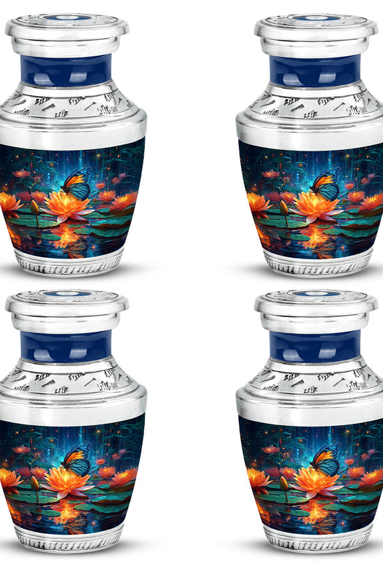 Indigo Butterfly Cremation Urn back view with polished surface - contemporary butterfly design with modern artistic flair - 10 inch aluminum urn for cremated remains