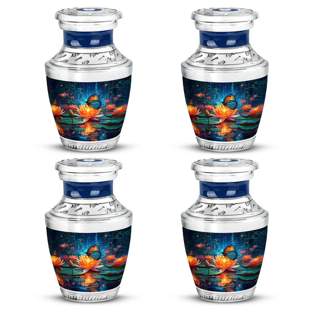 Indigo Butterfly Cremation Urn back view with polished surface - contemporary butterfly design with modern artistic flair - 10 inch aluminum urn for cremated remains