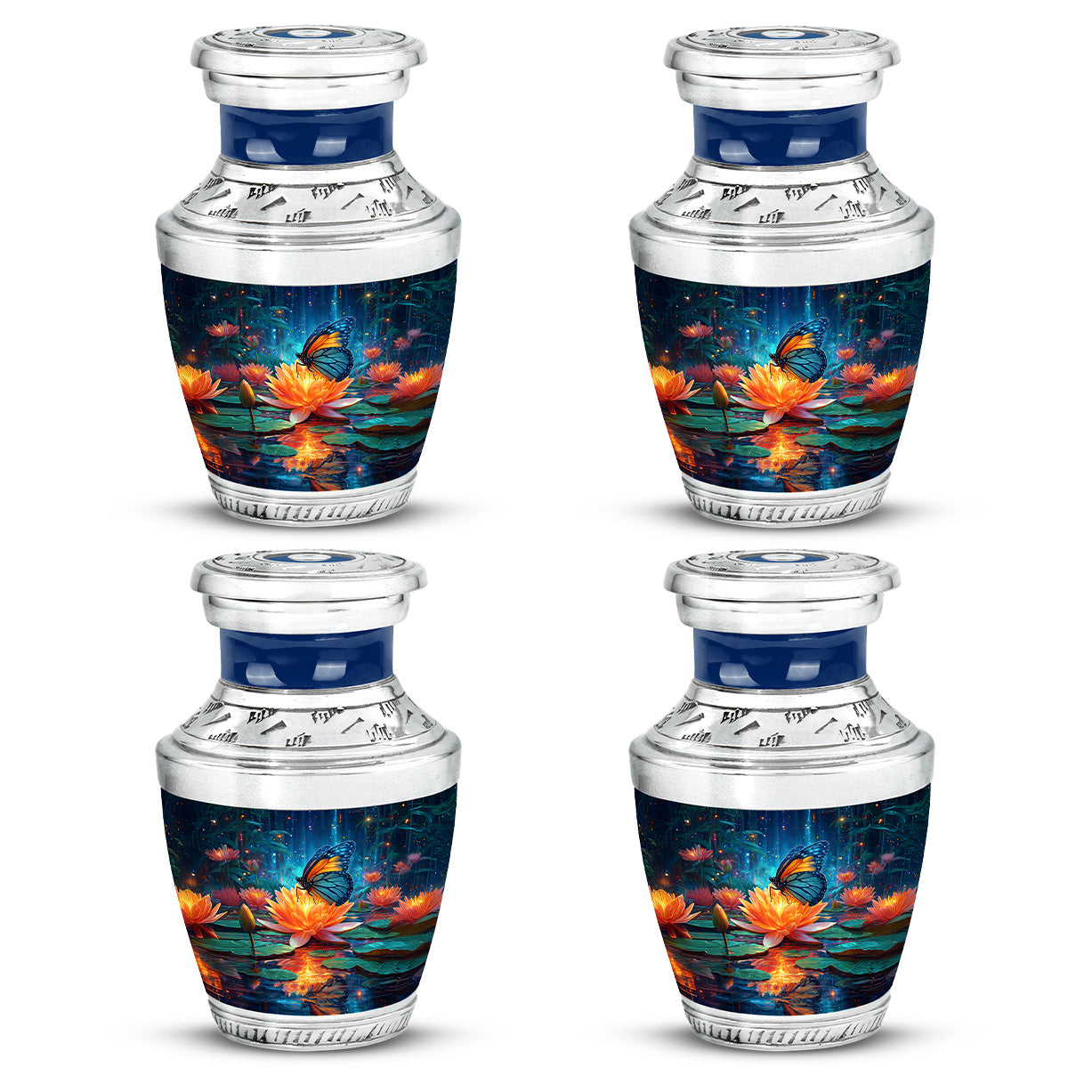 Indigo Butterfly Cremation Urn back view with polished surface - contemporary butterfly design with modern artistic flair - 10 inch aluminum urn for cremated remains