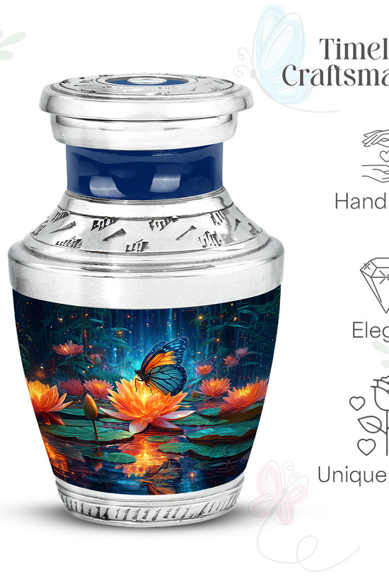 Powder Blue Butterfly Cremation Urn top-down view of secure threaded lid - modern art-inspired butterfly motif on sleek aluminum - mini keepsake memorial for portion of cremation ashes