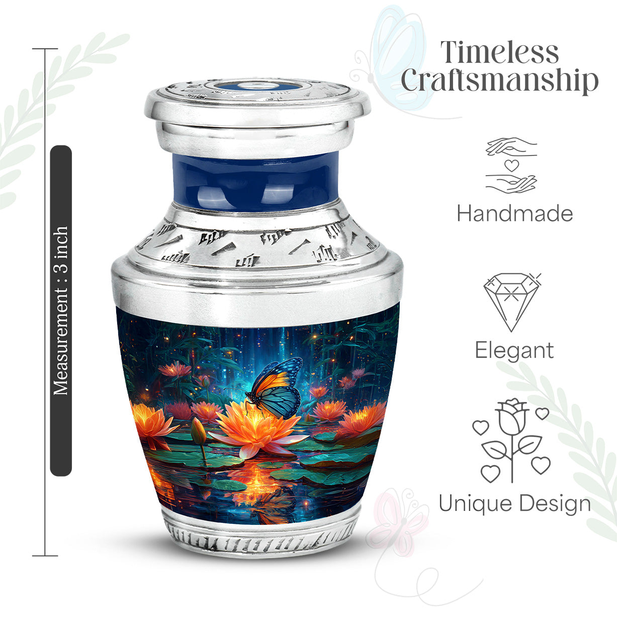 Powder Blue Butterfly Cremation Urn top-down view of secure threaded lid - modern art-inspired butterfly motif on sleek aluminum - mini keepsake memorial for portion of cremation ashes