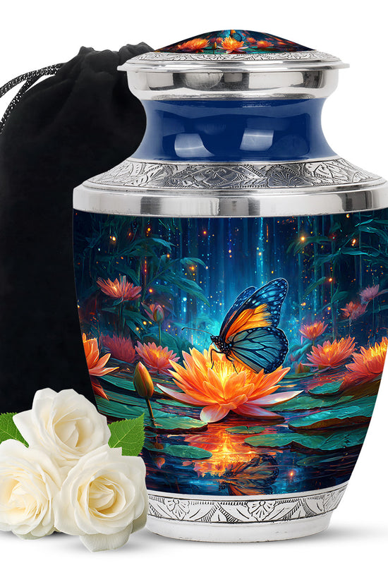 Celestial Blue Butterfly Cremation Urn side profile showing urn shape - modern art-inspired butterfly motif on sleek aluminum - full-size 10 inch 200 cubic inch adult cremation urn