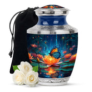 Celestial Blue Butterfly Cremation Urn side profile showing urn shape - modern art-inspired butterfly motif on sleek aluminum - full-size 10 inch 200 cubic inch adult cremation urn