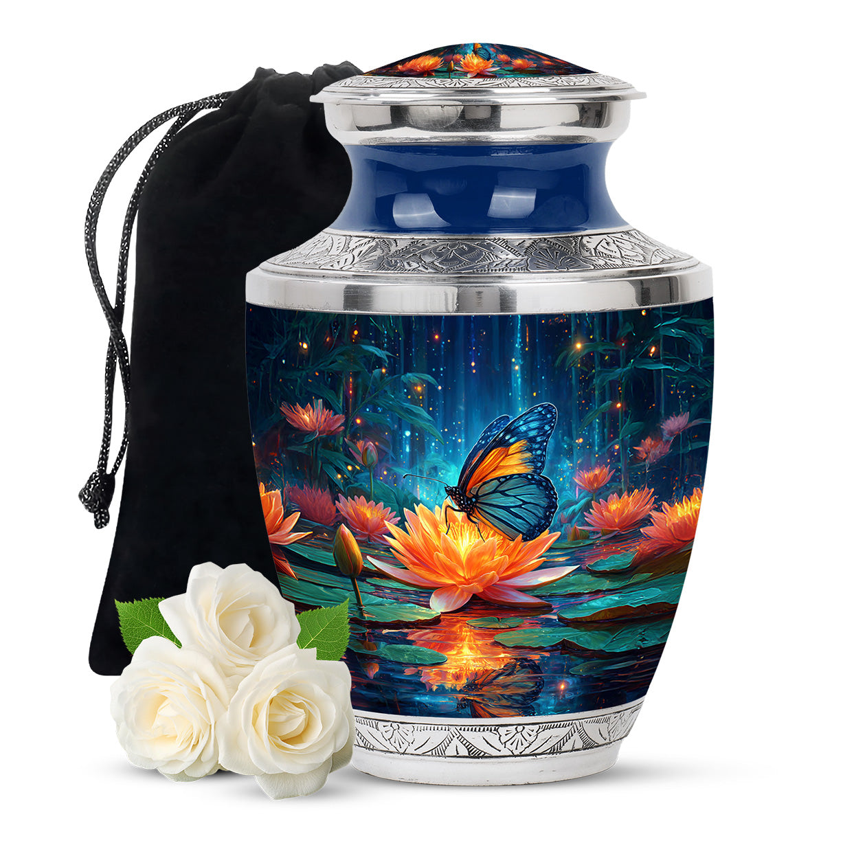 Celestial Blue Butterfly Cremation Urn side profile showing urn shape - modern art-inspired butterfly motif on sleek aluminum - full-size 10 inch 200 cubic inch adult cremation urn