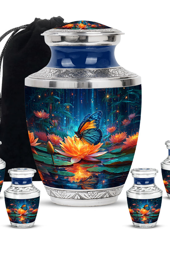 Steel Blue Butterfly Cremation Urn lifestyle display on memorial shelf - stylized abstract butterfly pattern with bold lines - memorial set with one large and four small urns