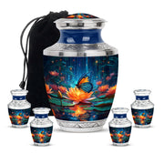 Steel Blue Butterfly Cremation Urn lifestyle display on memorial shelf - stylized abstract butterfly pattern with bold lines - memorial set with one large and four small urns