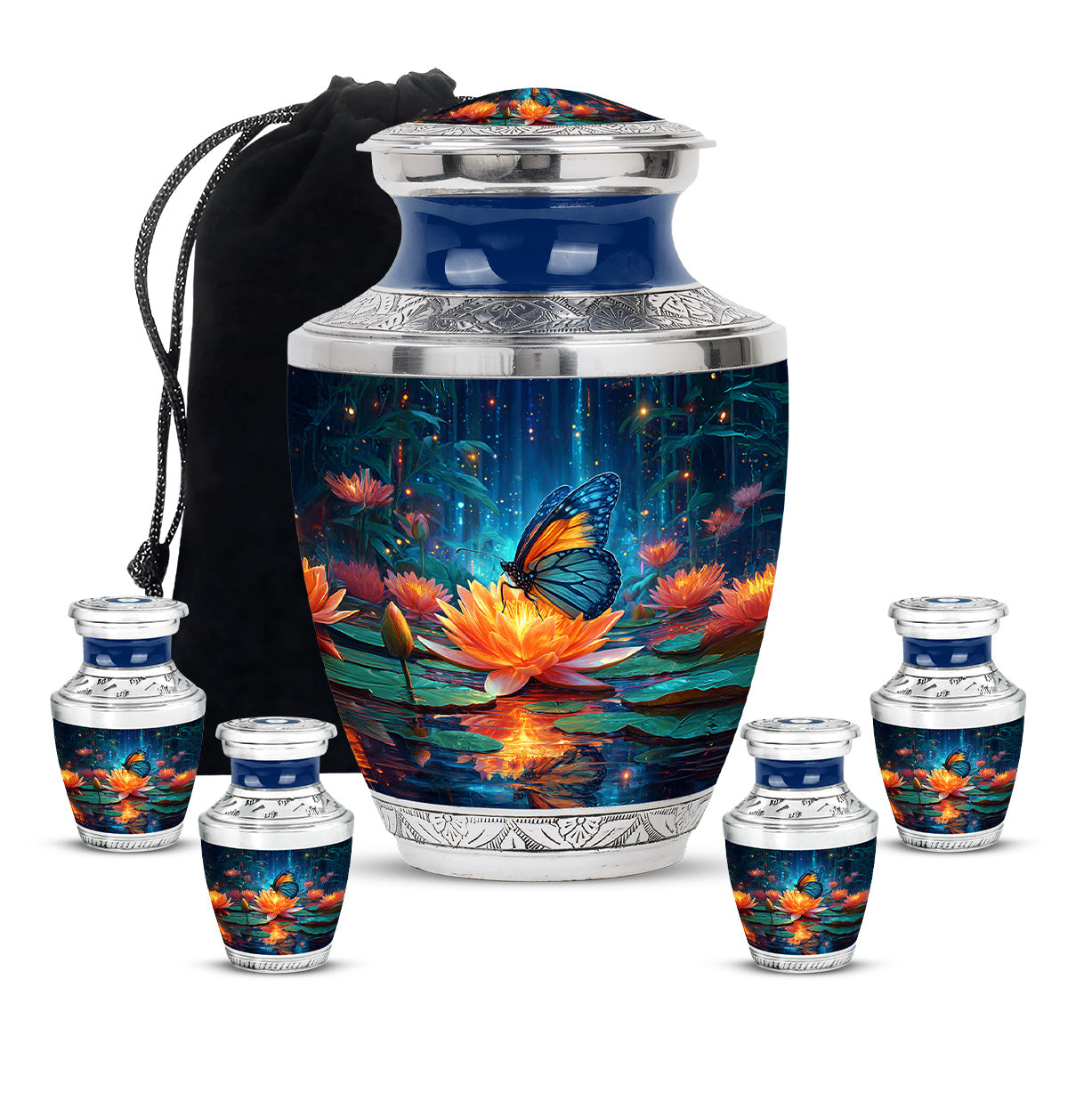 Steel Blue Butterfly Cremation Urn lifestyle display on memorial shelf - stylized abstract butterfly pattern with bold lines - memorial set with one large and four small urns