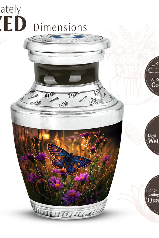 Matte Gold Butterfly Cremation Urn top-down view of secure threaded lid - artistic butterfly interpretation with creative detail - mini keepsake memorial for portion of cremation ashes