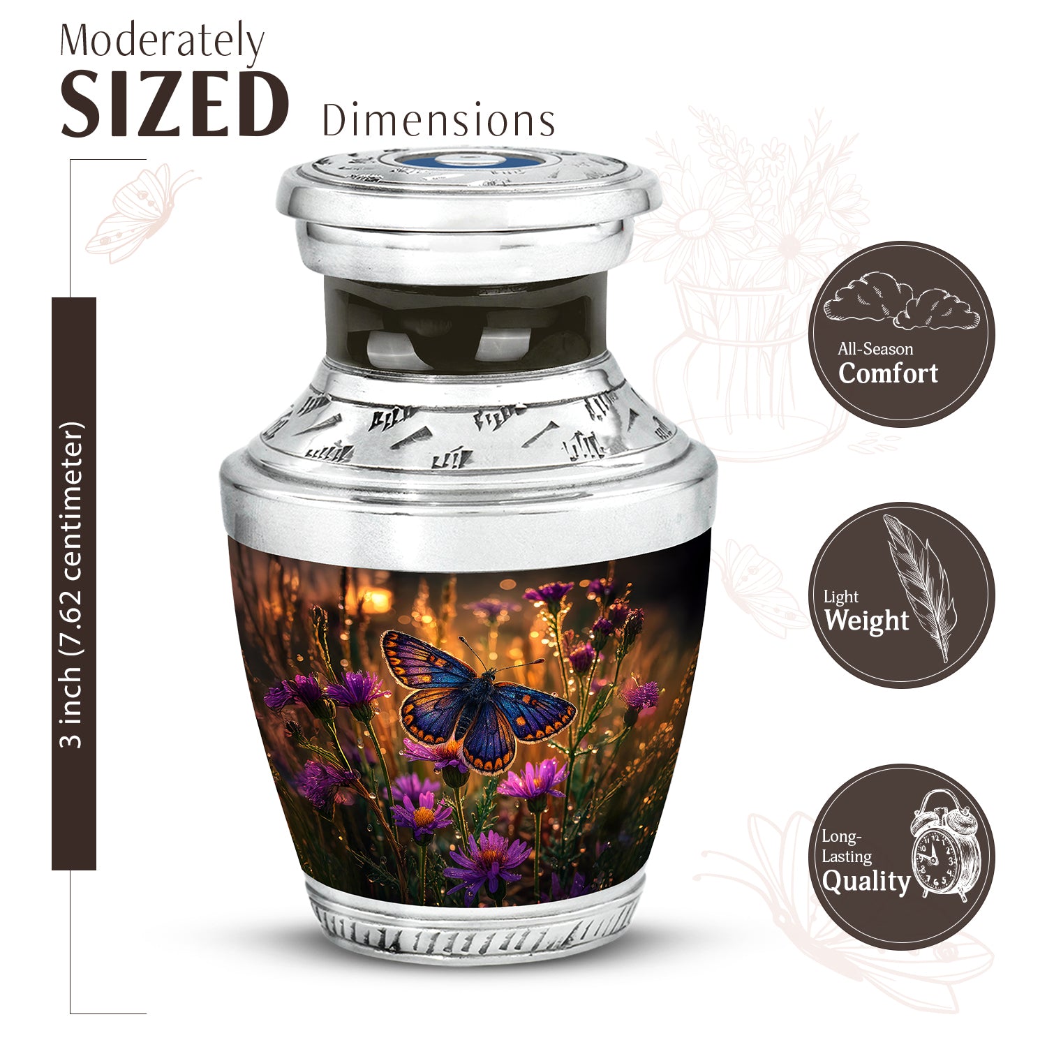 Matte Gold Butterfly Cremation Urn top-down view of secure threaded lid - artistic butterfly interpretation with creative detail - mini keepsake memorial for portion of cremation ashes