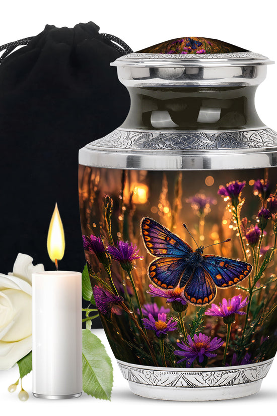 Antique Gold Butterfly Cremation Urn side profile showing urn shape - contemporary butterfly design with modern artistic flair - full-size 10 inch 200 cubic inch adult cremation urn