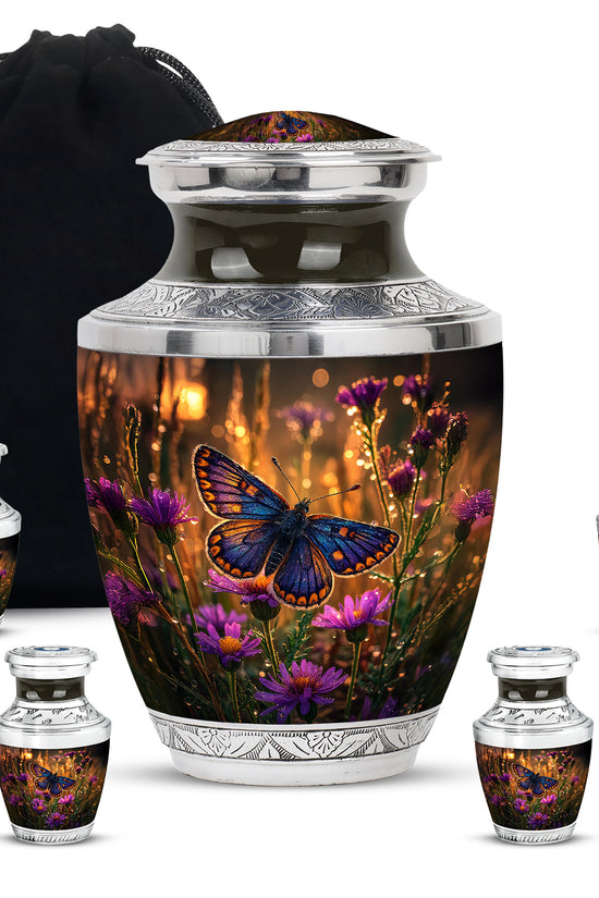 Harvest Gold Butterfly Cremation Urn lifestyle display on memorial shelf - artistic butterfly interpretation with creative detail - memorial set with one large and four small urns