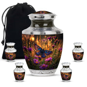 Harvest Gold Butterfly Cremation Urn lifestyle display on memorial shelf - artistic butterfly interpretation with creative detail - memorial set with one large and four small urns