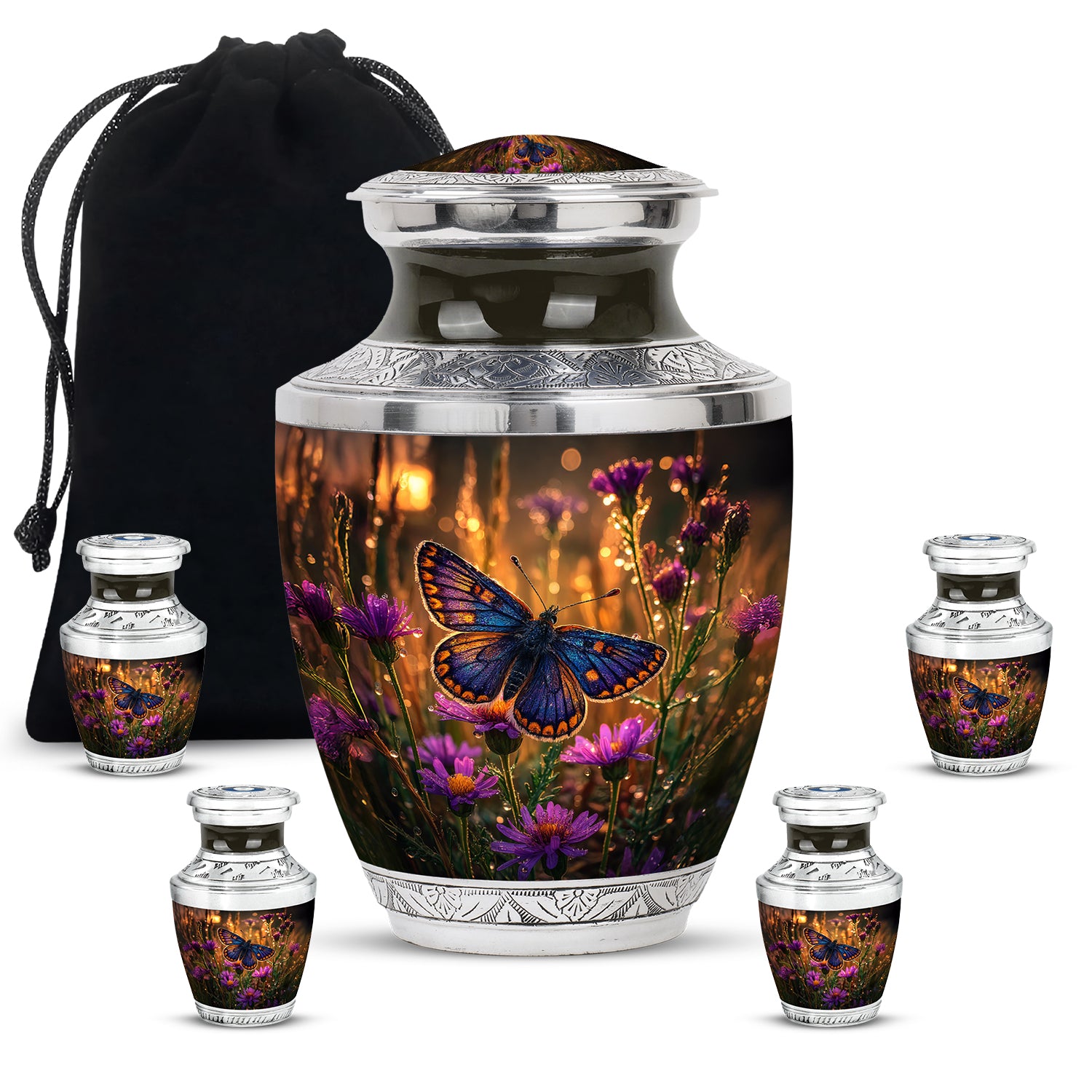 Harvest Gold Butterfly Cremation Urn lifestyle display on memorial shelf - artistic butterfly interpretation with creative detail - memorial set with one large and four small urns