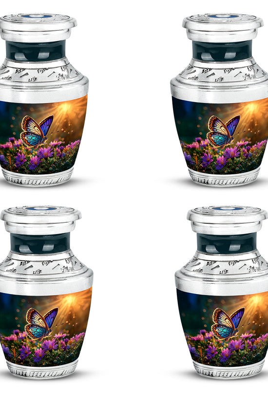 Matte Gold Butterfly Cremation Urn back view with polished surface - artistic butterfly interpretation with creative detail - 10 inch aluminum urn for cremated remains
