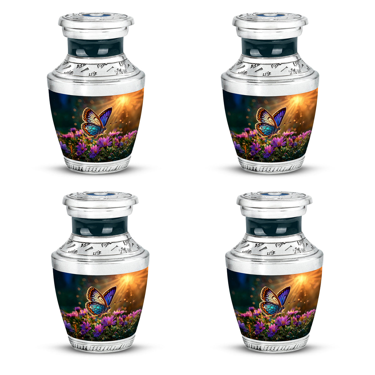 Matte Gold Butterfly Cremation Urn back view with polished surface - artistic butterfly interpretation with creative detail - 10 inch aluminum urn for cremated remains