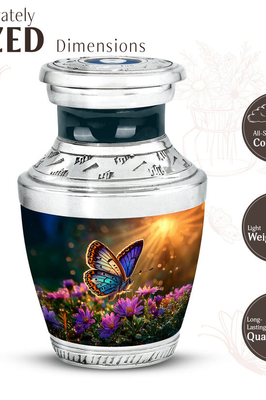 Warm Gold Butterfly Cremation Urn top-down view of secure threaded lid - stylized abstract butterfly pattern with bold lines - mini keepsake memorial for portion of cremation ashes