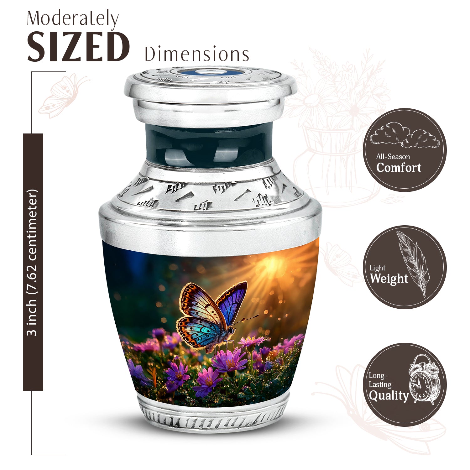 Warm Gold Butterfly Cremation Urn top-down view of secure threaded lid - stylized abstract butterfly pattern with bold lines - mini keepsake memorial for portion of cremation ashes