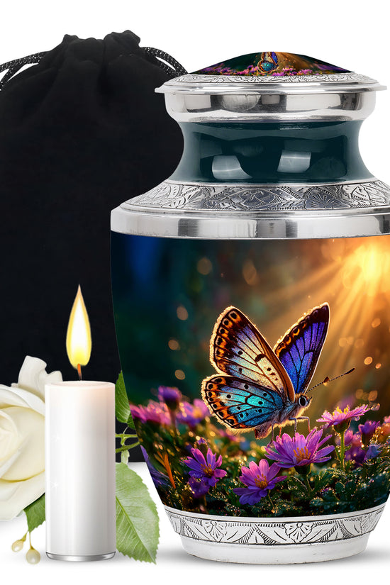 Gilded Gold Butterfly Cremation Urn side profile showing urn shape - contemporary butterfly design with modern artistic flair - full-size 10 inch 200 cubic inch adult cremation urn