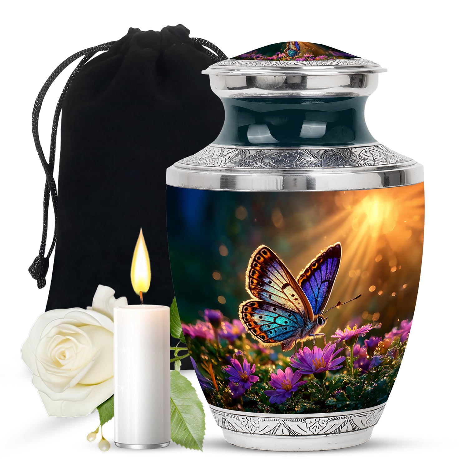 Gilded Gold Butterfly Cremation Urn side profile showing urn shape - contemporary butterfly design with modern artistic flair - full-size 10 inch 200 cubic inch adult cremation urn
