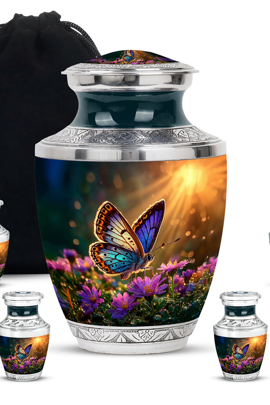 Warm Gold Butterfly Cremation Urn lifestyle display on memorial shelf - stylized abstract butterfly pattern with bold lines - memorial set with one large and four small urns