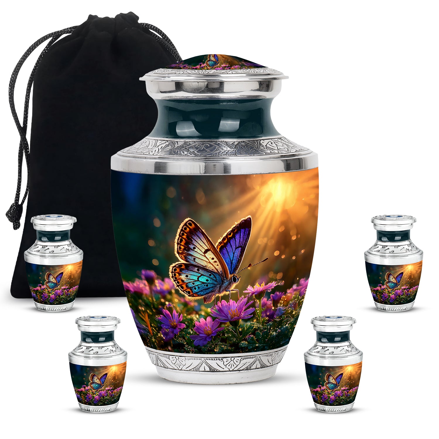 Warm Gold Butterfly Cremation Urn lifestyle display on memorial shelf - stylized abstract butterfly pattern with bold lines - memorial set with one large and four small urns