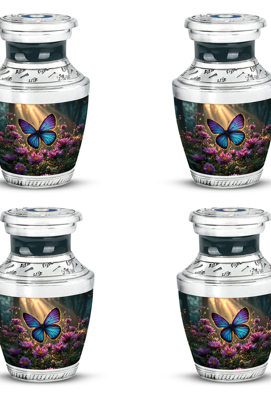 Royal Gold Butterfly Cremation Urn back view with polished surface - stylized abstract butterfly pattern with bold lines - 10 inch aluminum urn for cremated remains