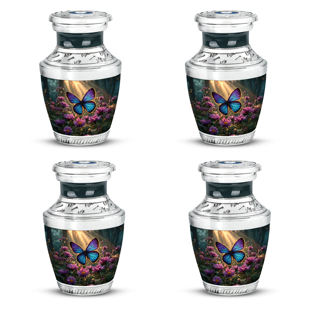 Royal Gold Butterfly Cremation Urn back view with polished surface - stylized abstract butterfly pattern with bold lines - 10 inch aluminum urn for cremated remains