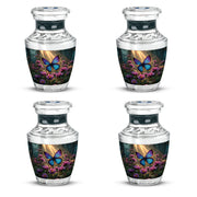 Royal Gold Butterfly Cremation Urn back view with polished surface - stylized abstract butterfly pattern with bold lines - 10 inch aluminum urn for cremated remains