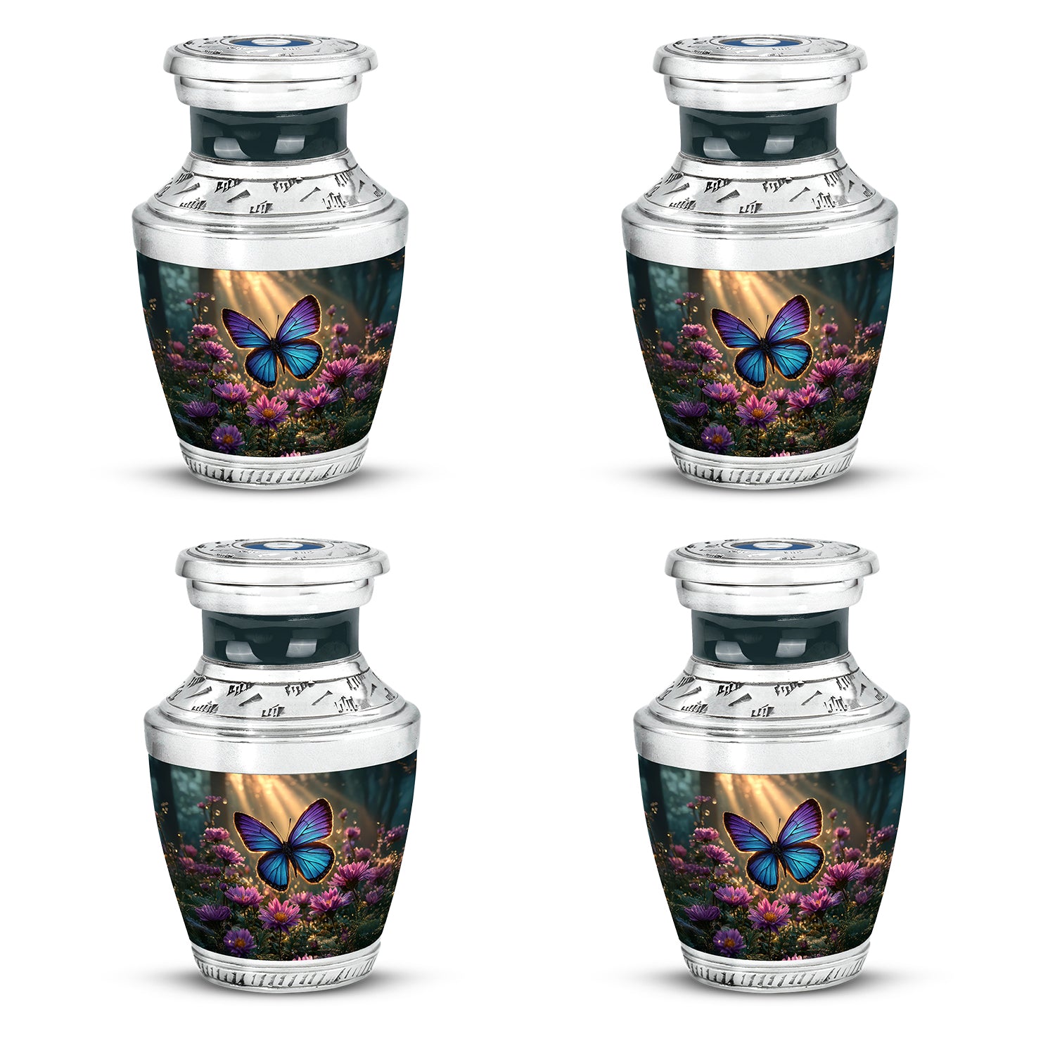 Royal Gold Butterfly Cremation Urn back view with polished surface - stylized abstract butterfly pattern with bold lines - 10 inch aluminum urn for cremated remains