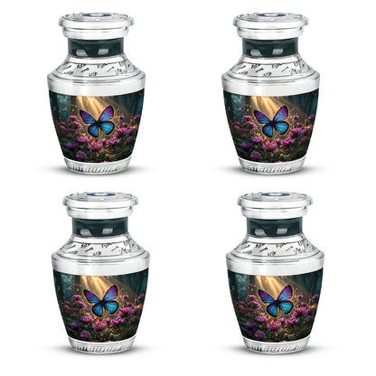 Royal Gold Butterfly Cremation Urn back view with polished surface - stylized abstract butterfly pattern with bold lines - 10 inch aluminum urn for cremated remains