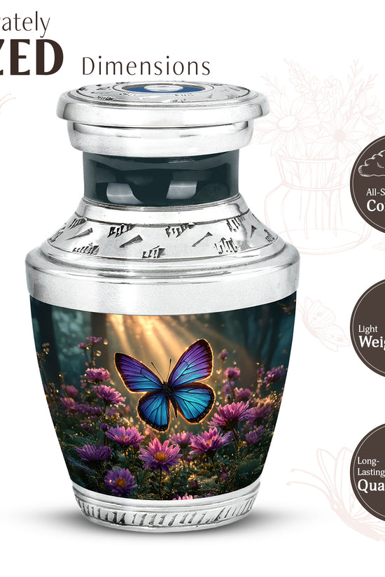 Matte Gold Butterfly Cremation Urn top-down view of secure threaded lid - stylized abstract butterfly pattern with bold lines - mini keepsake memorial for portion of cremation ashes