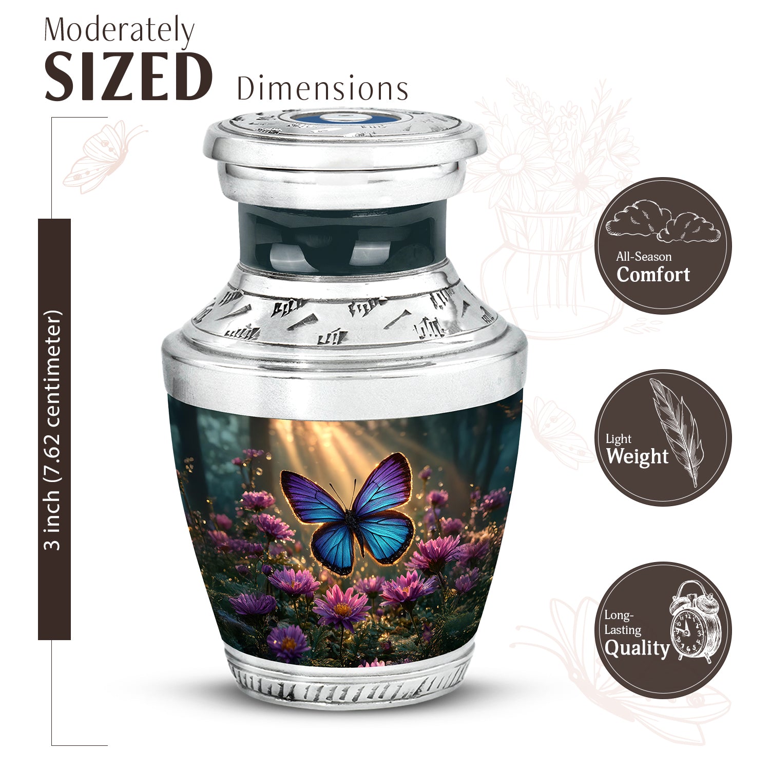 Matte Gold Butterfly Cremation Urn top-down view of secure threaded lid - stylized abstract butterfly pattern with bold lines - mini keepsake memorial for portion of cremation ashes