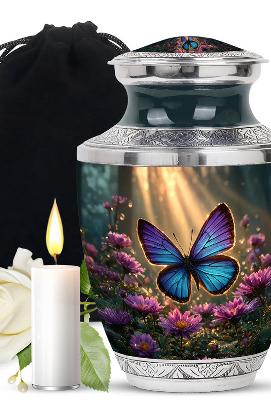 Champagne Gold Butterfly Cremation Urn side profile showing urn shape - contemporary butterfly design with modern artistic flair - full-size 10 inch 200 cubic inch adult cremation urn